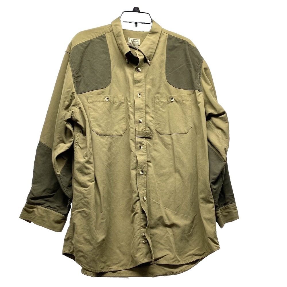 LLBean Mens Large Nylon Tan Button Up Hunting Shooting Shirt (D4)